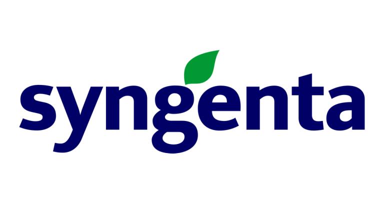 青い「syngenta」ロゴ、上に緑の葉のアクセント