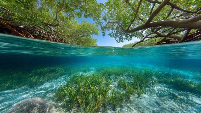 木々に囲まれた澄んだ川の水中と水面が見える風景写真
