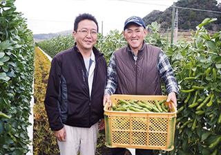 JAいぶすき 農産部営農課の別府昭吾次長（左）、えんどう部会の西山昭二部会長（右）