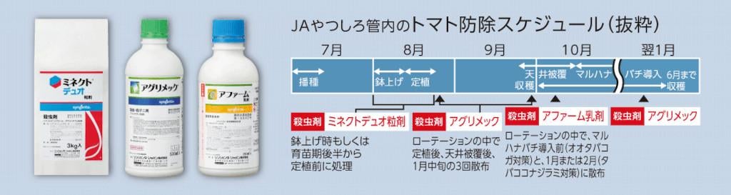 ミネクトデュオ粒剤・アグリメック・アファーム乳剤を使ったトマトの防除スケジュール