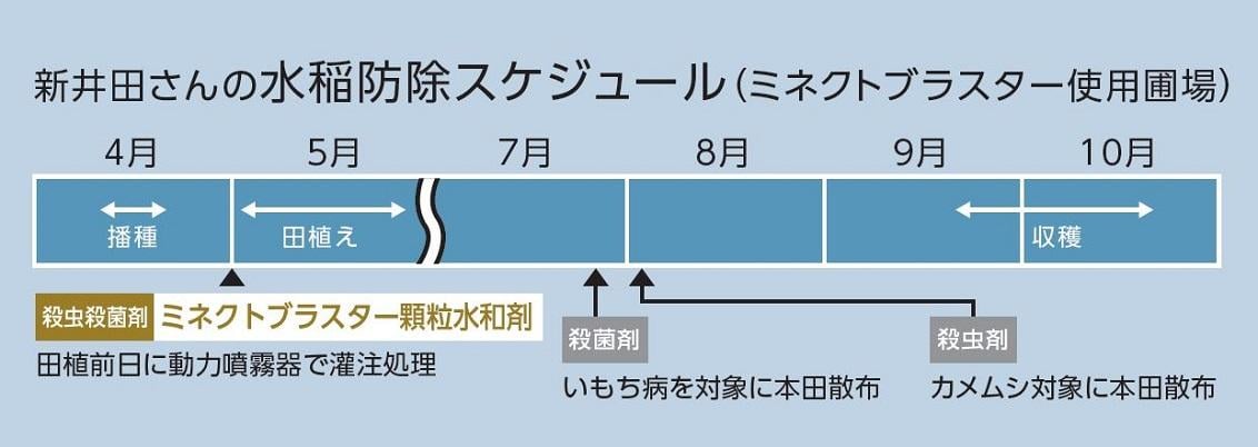 新井田さんの水稲防除スケジュール（ミネクトブラスター使用圃場）